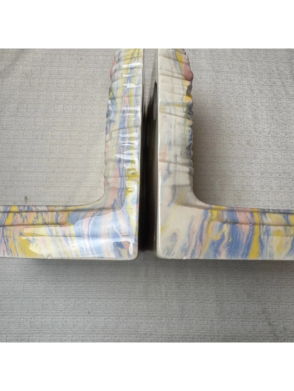 Vintage Pastel Marbled Ceramic Bookends Pink Blue Yellow Swirl Set of 2
